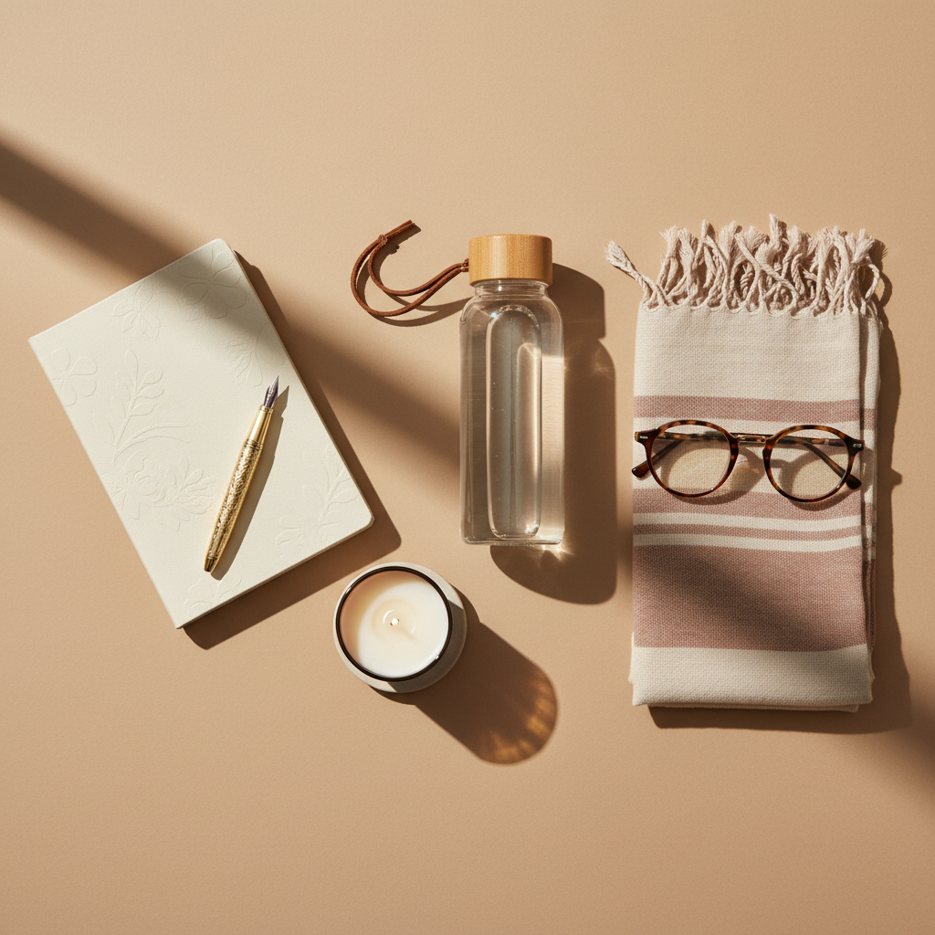 An elegant flat lay of carefully curated women’s lifestyle essentials on a matte, warm beige backdrop: a closed, cream-colored hardcover notebook with a subtle embossed pattern, a vintage-inspired gold fountain pen, a reusable glass water bottle with a bamboo lid, a small amber glass candle partially melted, and a pair of tortoiseshell reading glasses. Nearby, a folded organic cotton scarf in muted blush and taupe tones adds soft texture. Diffused natural window light from the left creates gentle highlights and soft shadows, enhancing the tactile details. Composed using the rule of thirds in photographic realism, the image feels calm, sophisticated, and sustainable, evoking intentional self-reflection, self-love, and quiet confidence without any human presence.