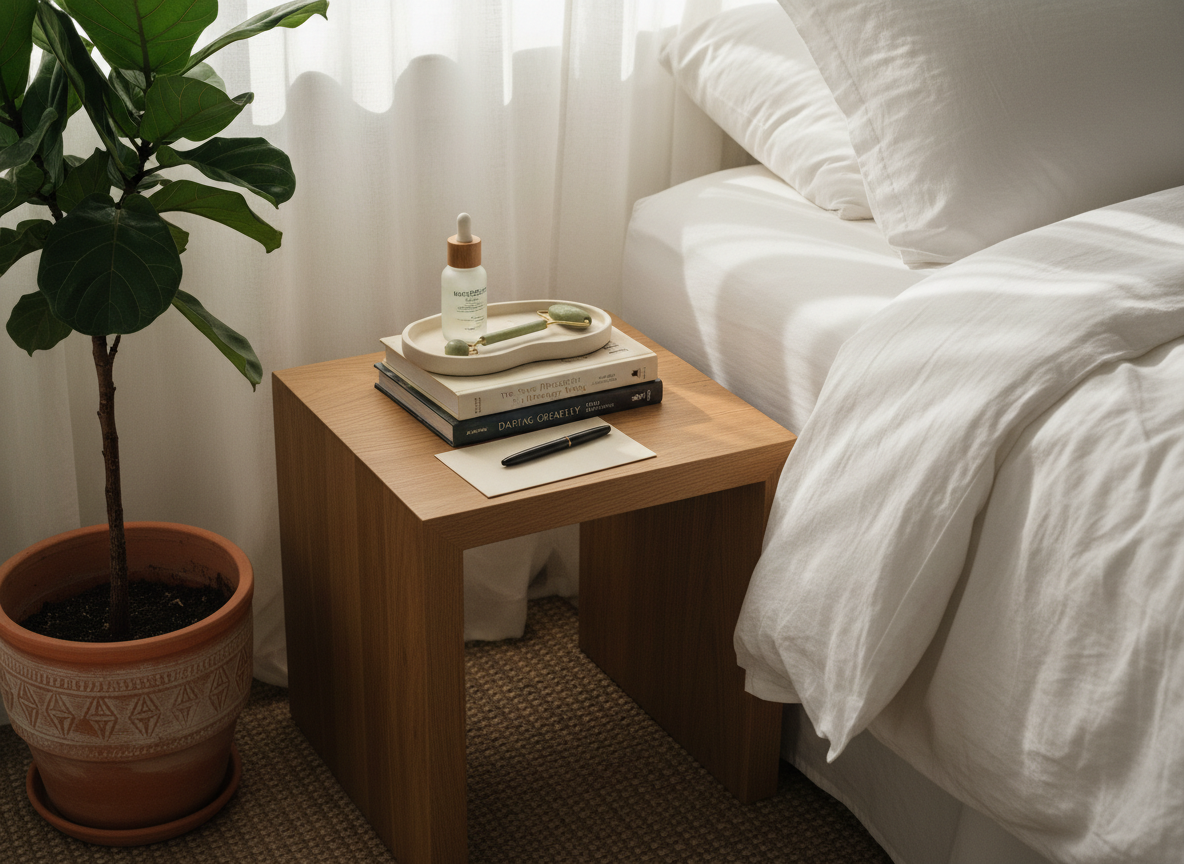 A serene, sunlit bedroom corner styled for women’s self-care and reflection, featuring a low, natural oak bedside table holding a small stack of well-loved books on relationships and personal growth, their spines softly worn. On top rests a minimalist ceramic tray with a reusable glass skincare bottle, a jade roller, and a slim, matte-black pen over a folded piece of stationery. A tall, leafy houseplant in a textured clay pot stands nearby. Warm late-afternoon light filters through gauzy curtains, casting dappled patterns across crisp white bedding. Captured from a slightly elevated angle in photographic realism, the scene feels nurturing, intimate, and thoughtfully curated, embodying a sophisticated, modern woman’s lifestyle sanctuary.